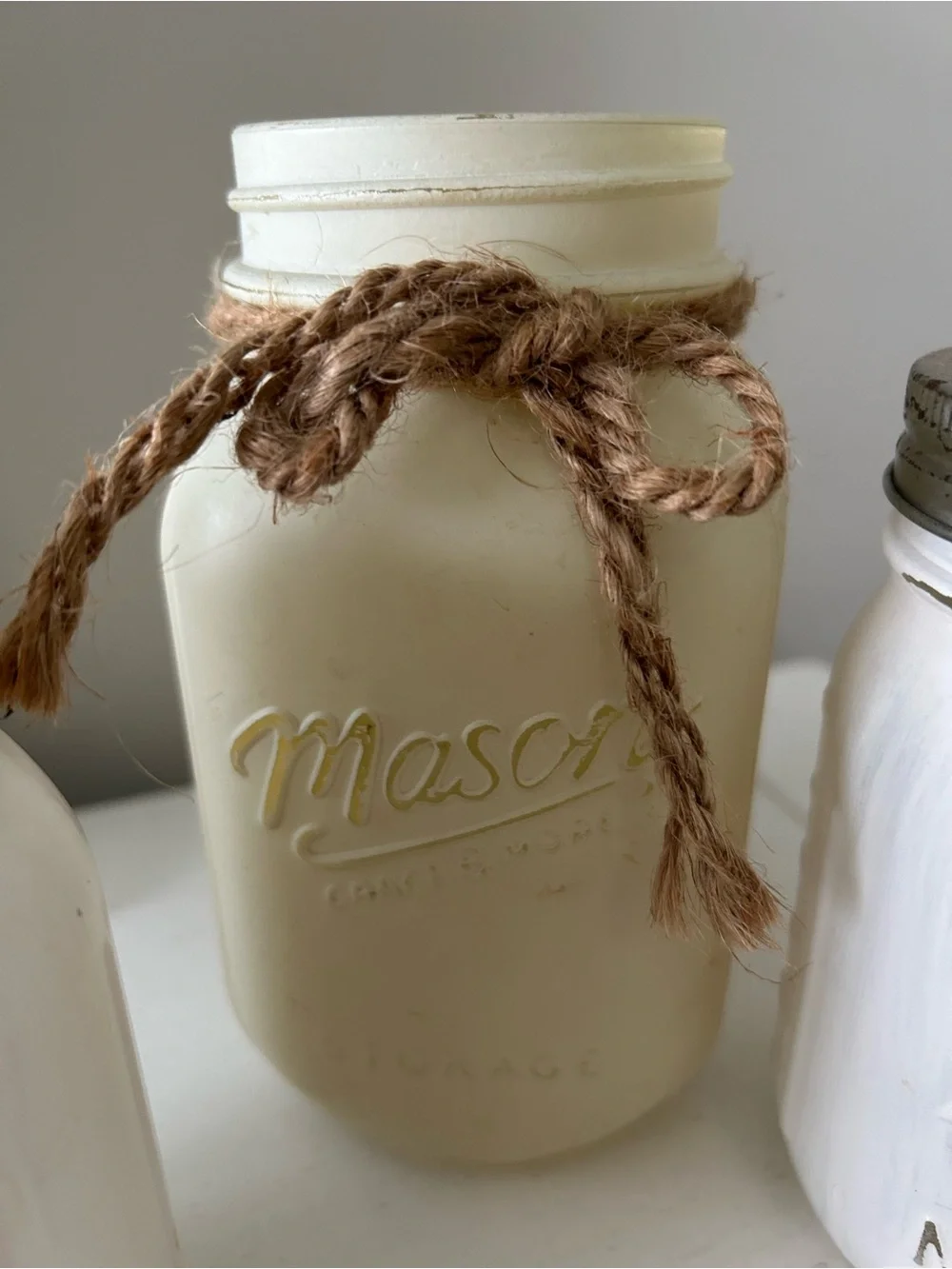 Mason Painted Jar Bathroom Set White and Cream Flower Vase/kitchen utensils etc
